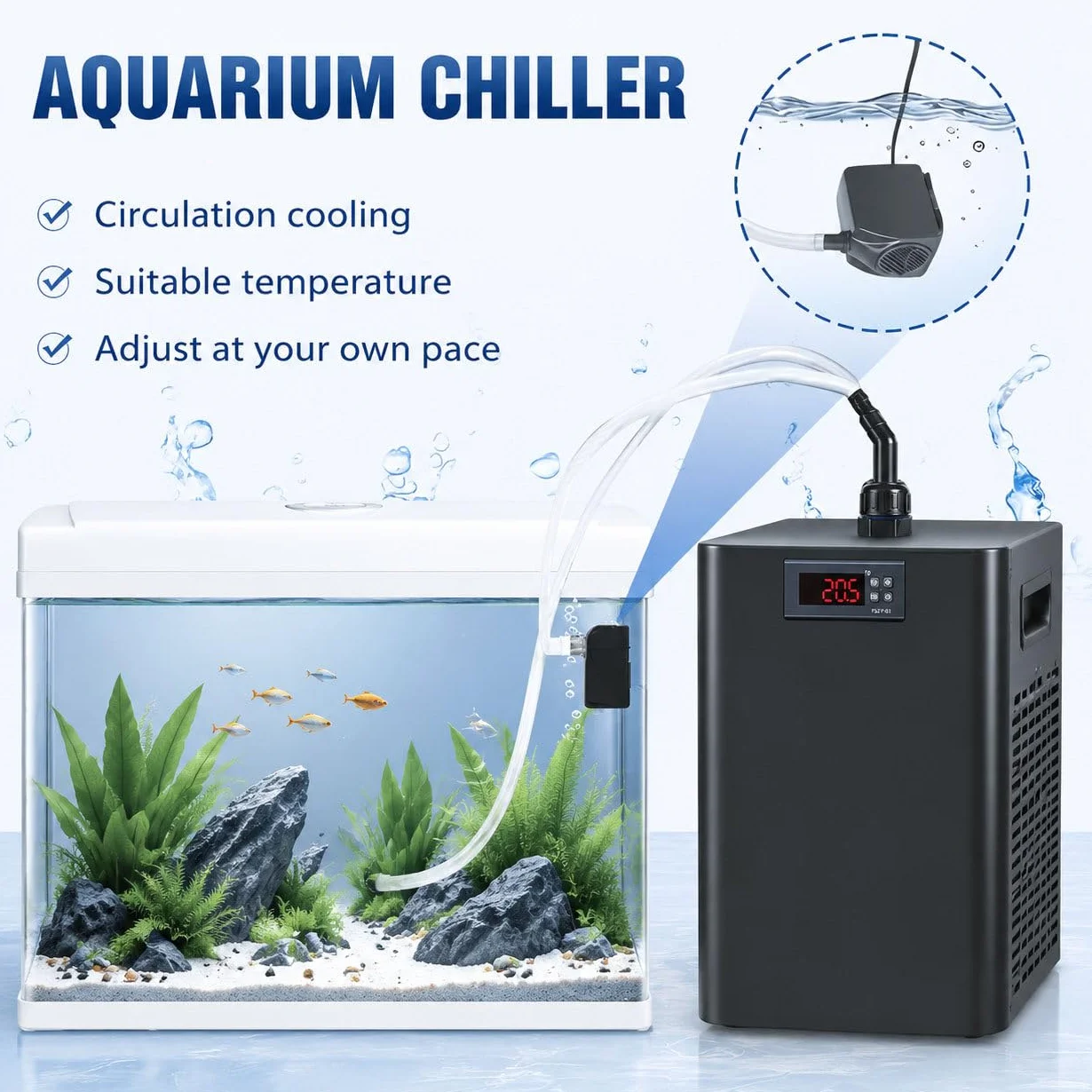 Aquarium Kühler 160L/300L/500L/1000L | Leiser Wasserkühler mit Kompressor für Hydrokultur,Axolotl, Quallen & Korallenriff | Durchlaufkühler für Süß- und Meerwasser Fischbecken 160L/42gal