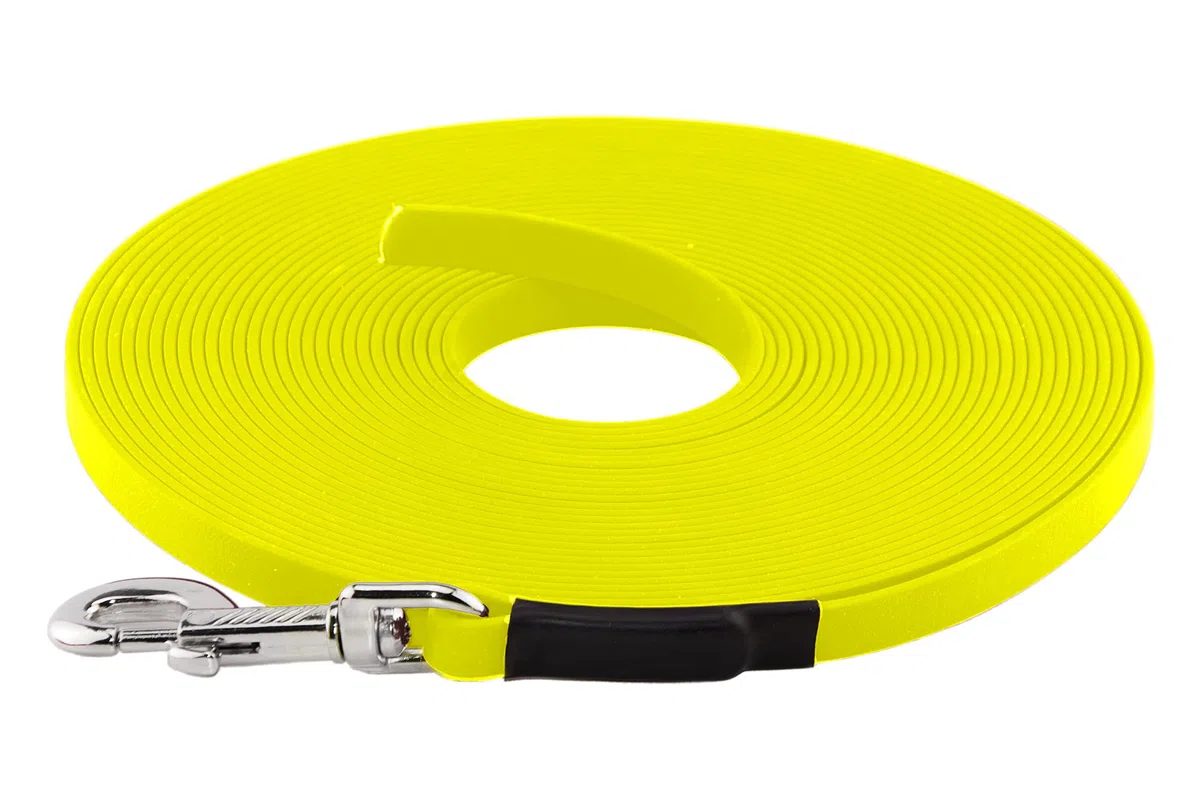 LENNIE BioThane Schleppleine, 13mm, Hunde 15-25kg, 10m lang, ohne Handschlaufe, Neon-Gelb, genäht