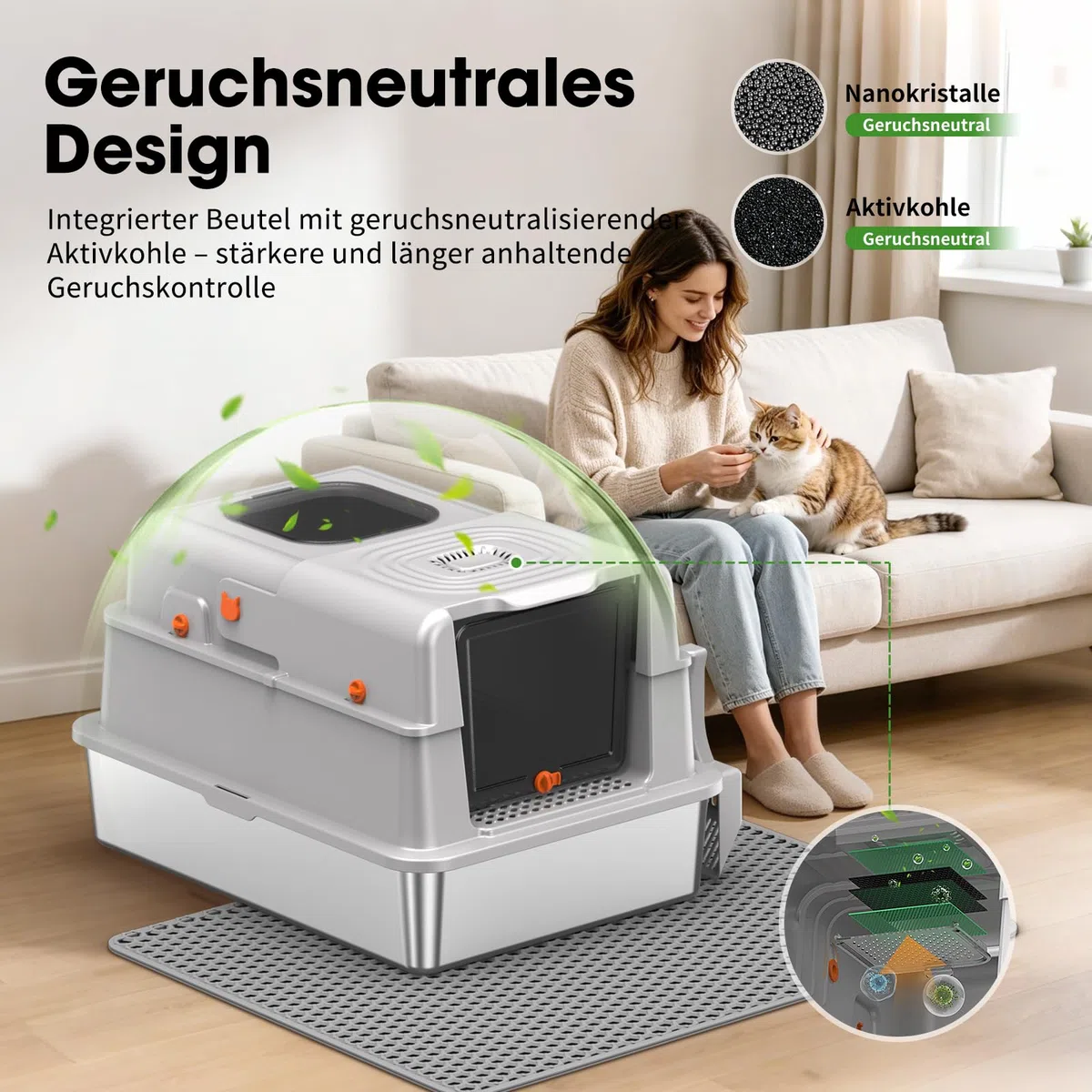 Edelstahl Katzentoilette mit Deckel, XXXL Katzenklo für große Katzen, geschlossene Katzenstreu Box mit Geruchsfilter & Doppeltür, leicht zu reinigen, antihaftbeschichtet, langlebig, Hellgrau