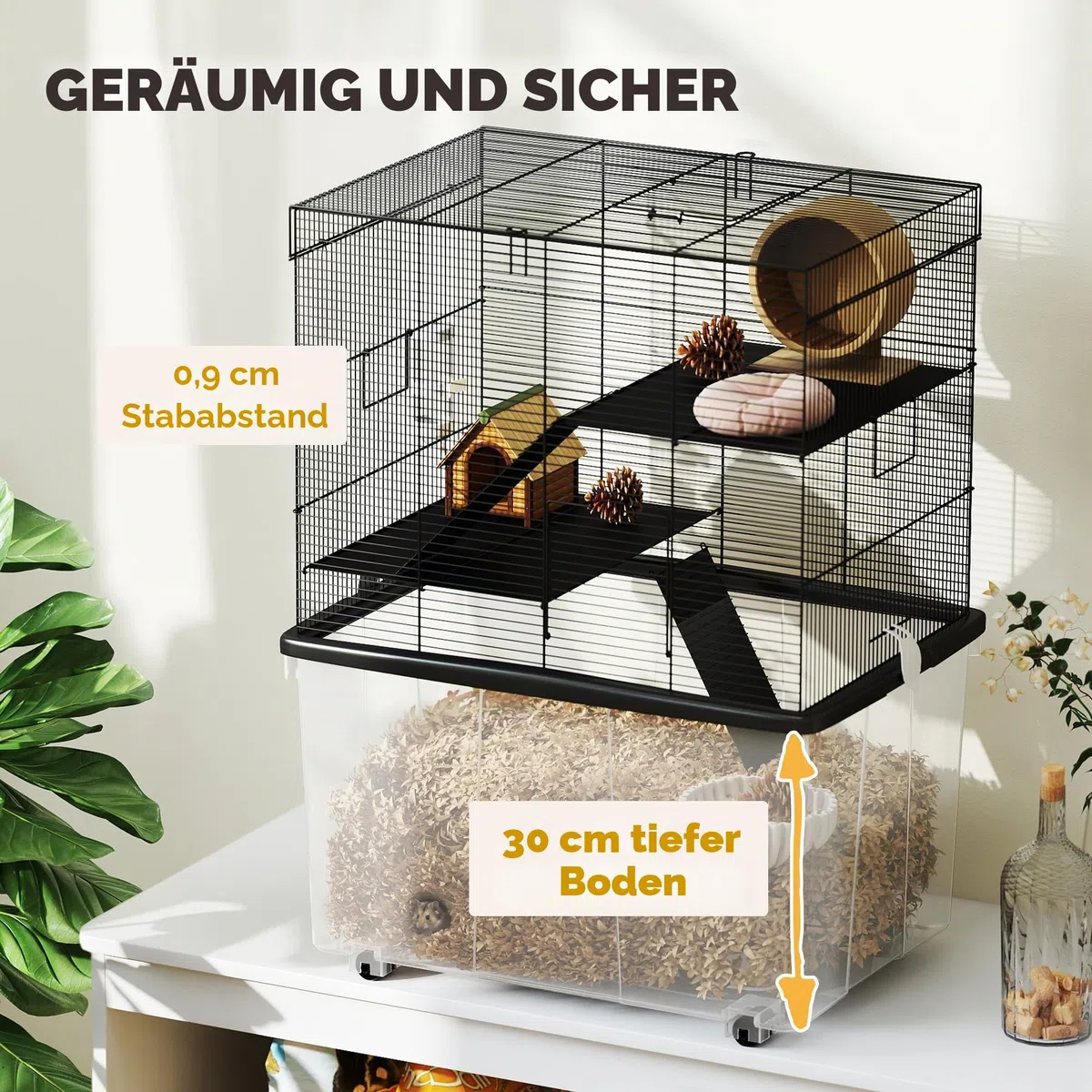 PawHut 3-stöckiger Hamsterkäfig mit 31 cm tiefem Boden und Rädern, Gerbilhaus mit Rampen, Napf, Flasche, 58x43x74 cm, Schwarz | Tiefe Basis 31 cm, Rennmaushaus mit Rampen, Schüssel, Flasche