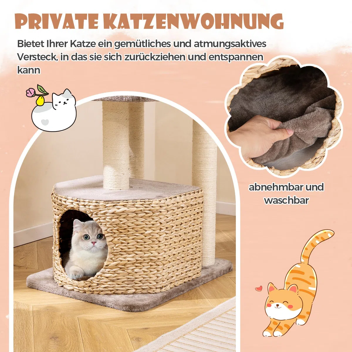 COSTWAY Kratzbaum mit Katzenhöhle, 131 cm hoch, Katzenbaum mit Plattformen & Ball & Sitzstange und Kissen, Kletterbaum aus Rohrkolben & Sisal, Katzenkratzbaum Katzen Klein, Kaffee+Natur