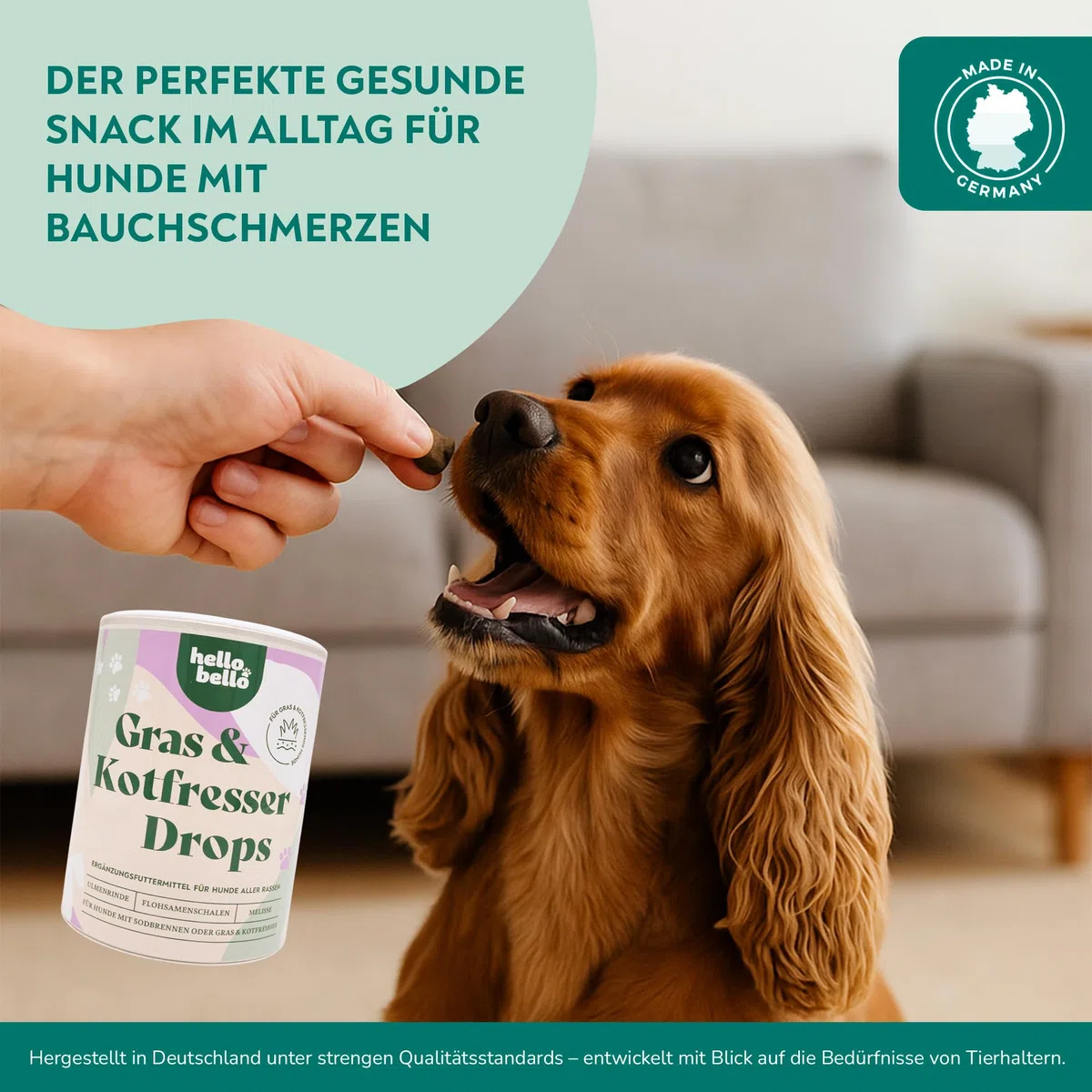 HELLOBELLO kaltgepresste Gras- & Kotfresser Drops für Hunde 1x350g Soft mit Ulmenrinde - getreidefrei, Flohsamenschalen, Melisse, Kamille und Pflanzenkohle - gegen Sodbrennen und Grasfressen