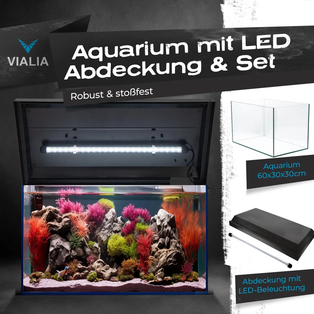 Aquarium Komplettset 60x30x30 cm | 54 Liter Glasbecken mit Juwel LED Abdeckung Schwarz | Starter-Set inkl. Heizer, Thermometer, Aufbereiter & Futter | Stoßfestes Floatglas & Diamantschliff