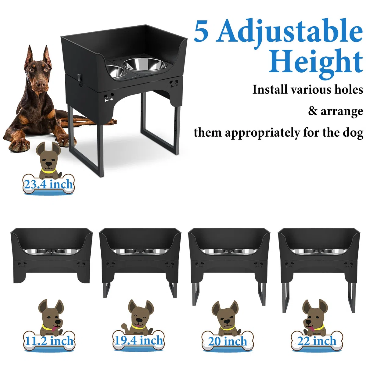 Erhöhte Hundenäpfe für große Hunde, erhöhter Hundenapf, Ständer verstellbar von 28,4 cm - 61 cm, mit 2 Edelstahl-Hundenäpfen, erhöhte Futternäpfe für kleine, mittelgroße und große Hunde und Haustiere