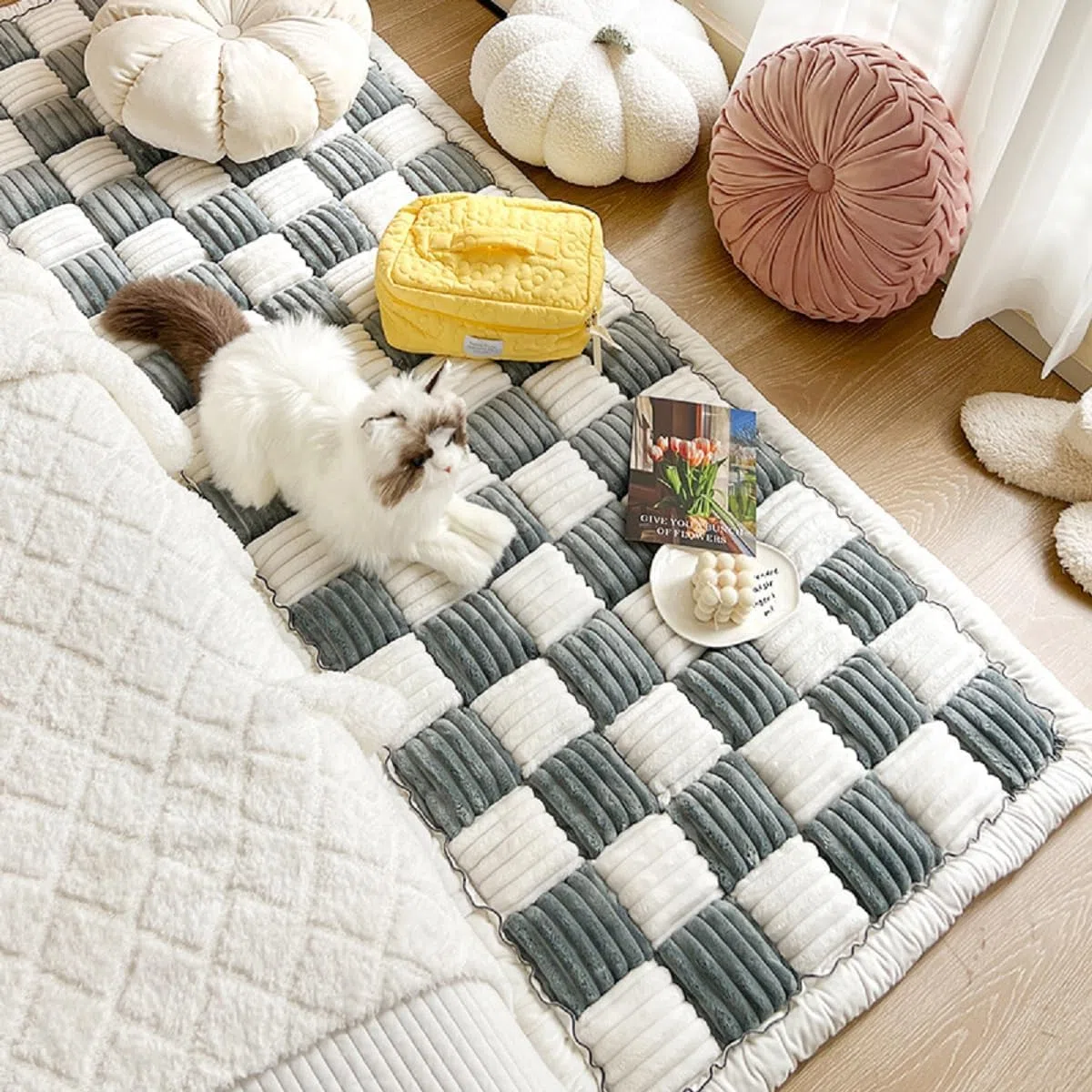 Große karierte quadratische Haustiermatte, Bett, Couch, Abdeckung, cremefarben, wasserdichte Decke für große Hunde, lustig, flauschig, Couchbezug, Hundedecken, Haustierdecke, Graublau, 70 x 210 cm