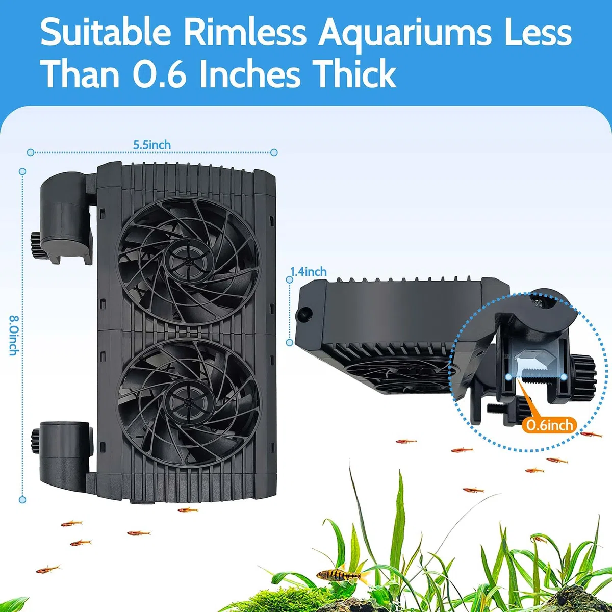 Aquarium-Kühlventilator – Aquarium-Kühlventilator mit einstellbaren 5 Windgeschwindigkeiten und Timer-Controller, geeignet für randlose Aquarien mit einer Dicke von < 1,5 cm (2 Lüfter)