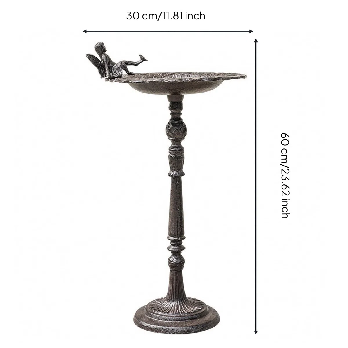 Vogelbad mit Elfenfigur gusseisern Vogelbad mit Standfuß freistehend Vogelfuttersschale aus Gussmetall für Garten, Terrasse, Balkon