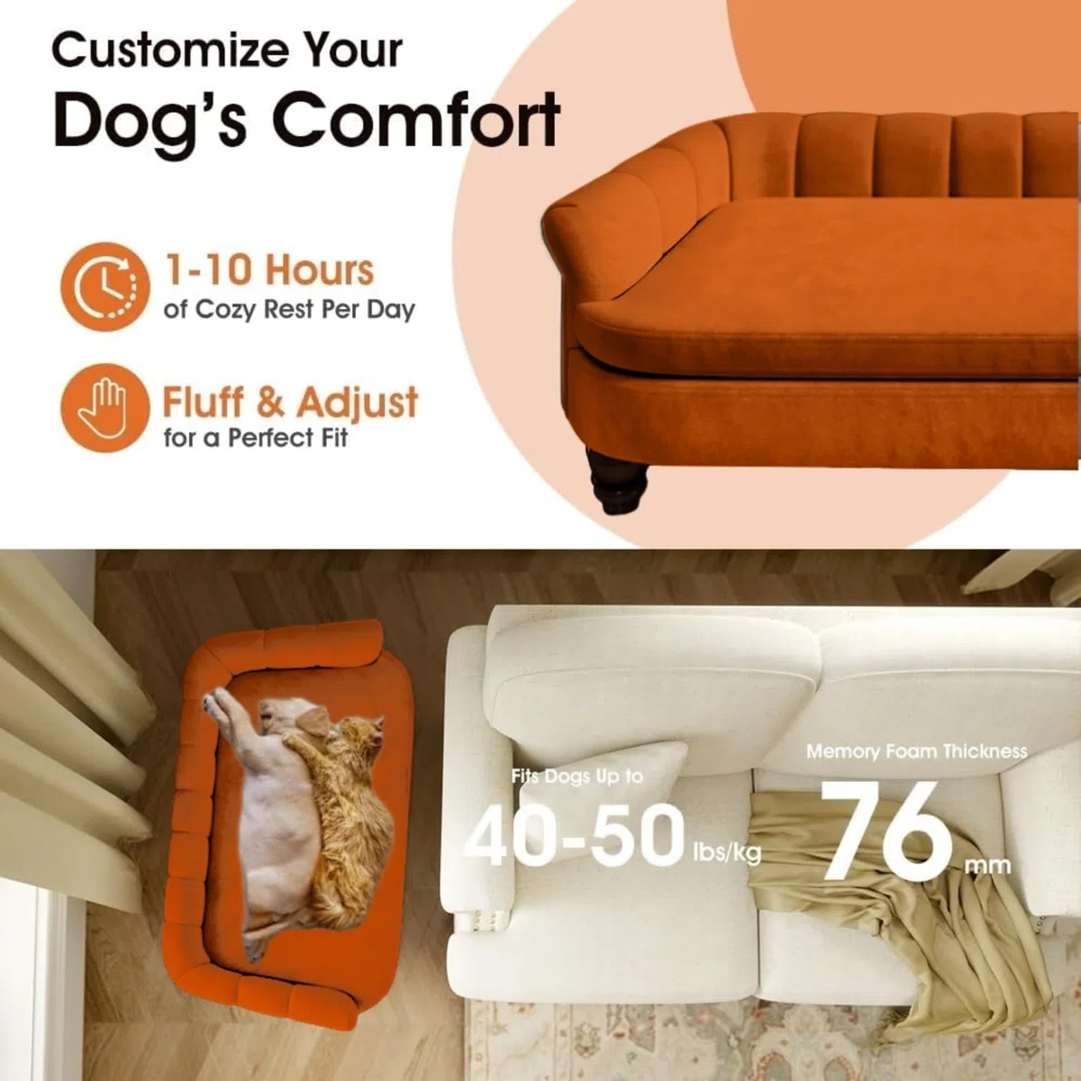 Hundesofa, bequemes Haustiersofa für große und mittelgroße Hunde, weiches Samtkissen, langlebige Hundemöbel für Wohnzimmer, waschbares Hundebett für Couch (orange)