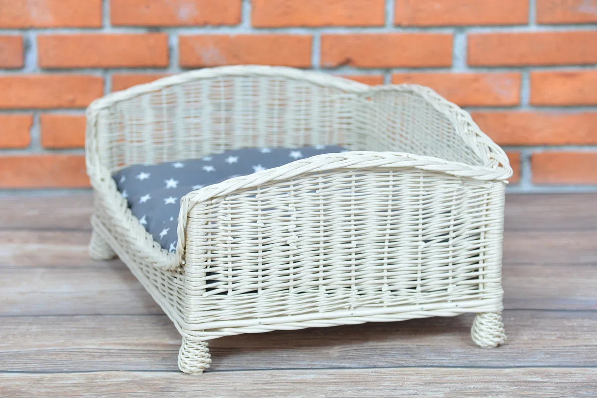 e-wicker24 Tierkorb Hundekorb Lager aus Weide für Hund Katze mit weichem Kissen Liegestuhl für Tiere Katzenlager Hundlager Hundebett Katzenbett (74x52 H39, Grau1)