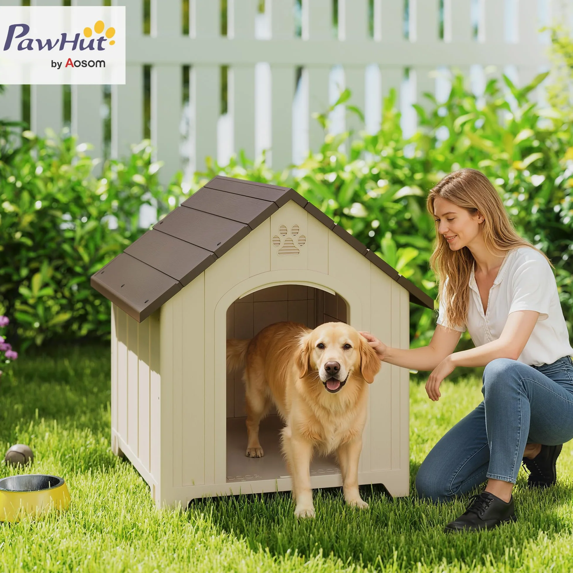 PawHut Hundehütte Wetterfestes Hundehaus für mittelgroße Große Hunde Beige | Erhöhte Hundehöhle mit Wasserfestem Dach Bodenankern Klauenförmige Lüftungsöffnung, Outdoor Hütte, Hunde Bis 30 kg