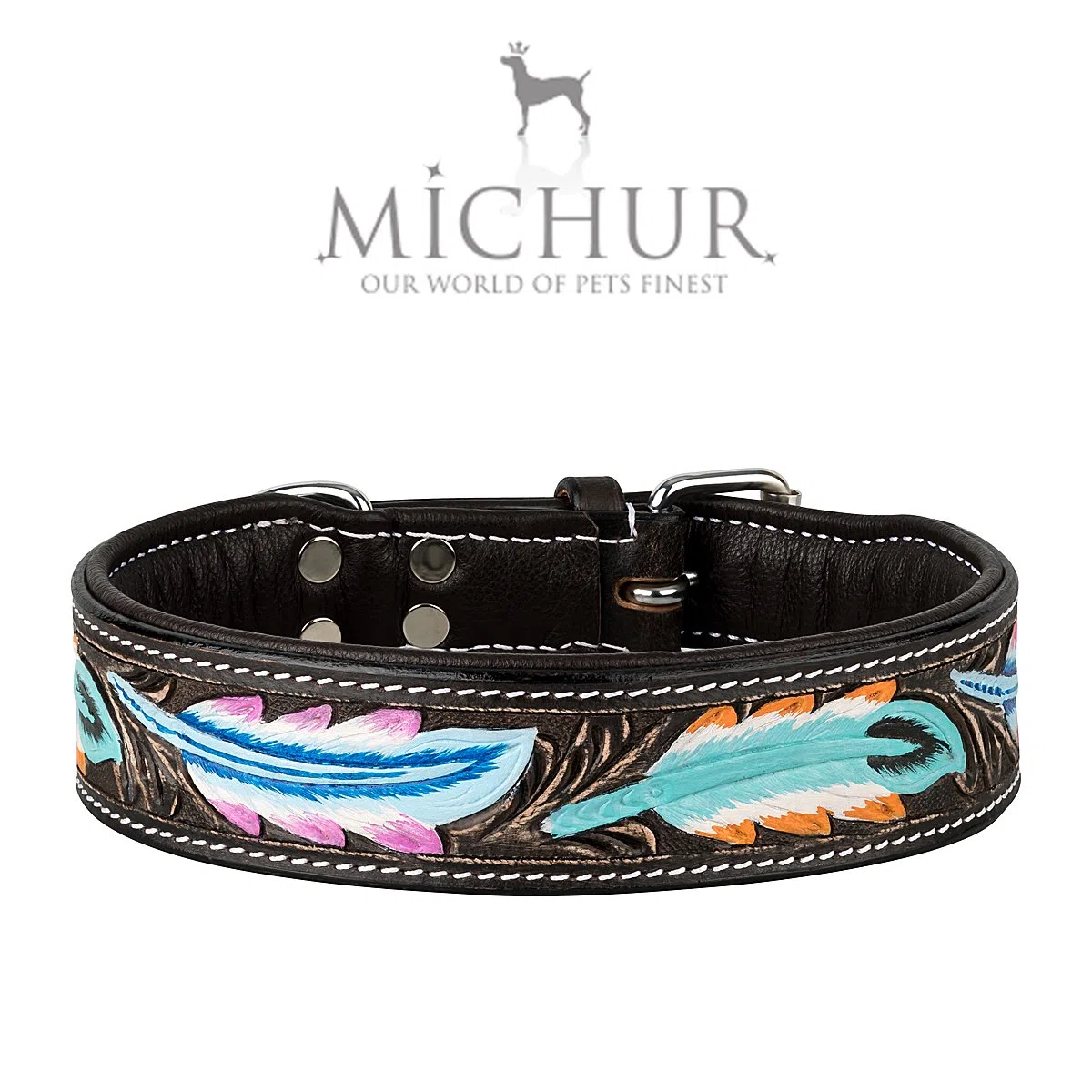 MICHUR Pietro Braun Schwarz mit Feder Muster, Hundehalsband Leder, Lederhalsband Hund, Halsband, Leder, in verschiedenen Größen erhältlich