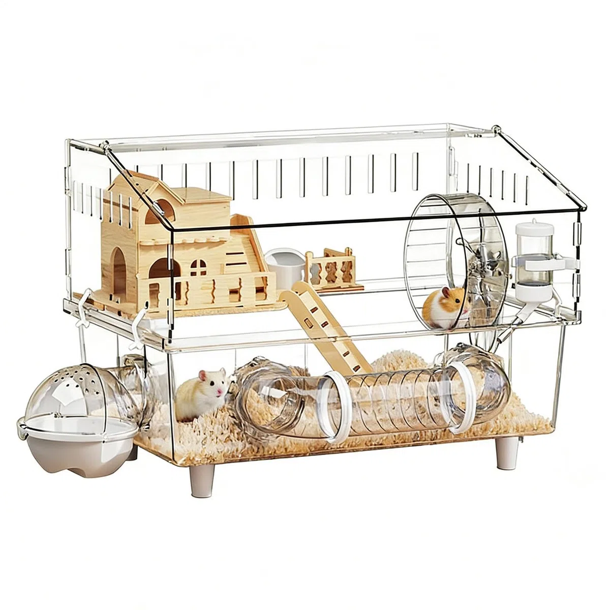 Hamsterkäfig 2-stöckiger durchsichtiger Auslauf | Geräumiger Hamsterkäfig mit Trinkflasche und Toilette für Kleintiere wie Meerschweinchen, Beobachtung zu Hause oder