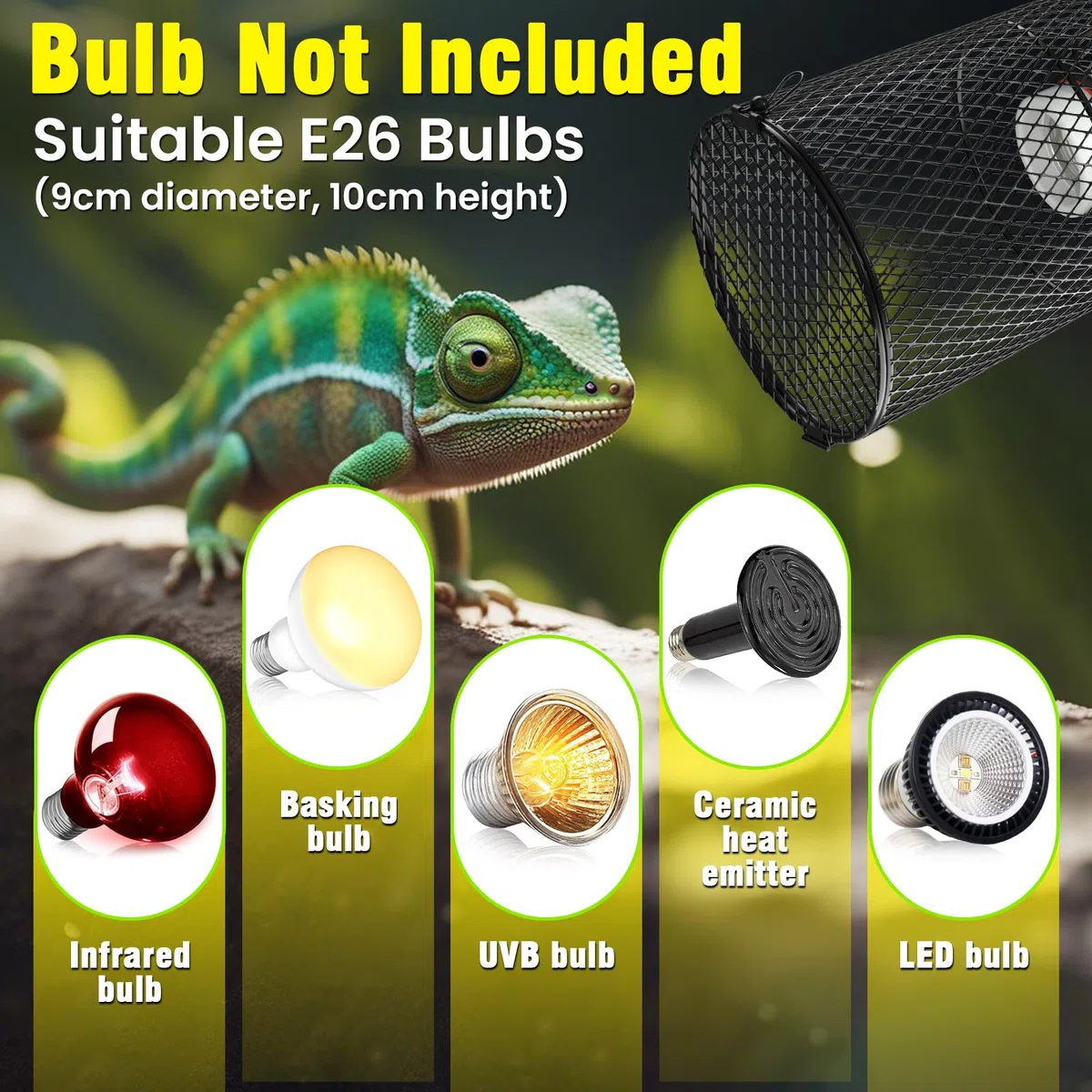 Reptilien-Wärmelampenschutz, 2 Stück, mit 150 W E26 Keramik-Halterung, Verbrühungsschutz, Netzkäfig, Reptilienlampe mit An-/Aus-Taste, Paar