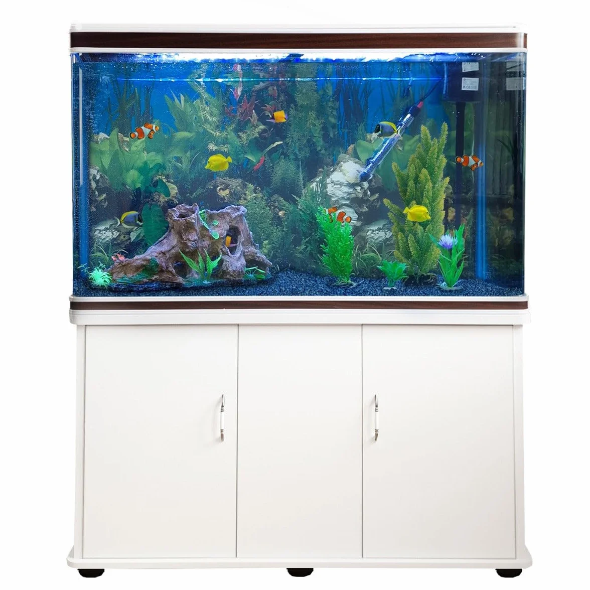 MonsterShop Aquarium Starter Komplettset Aquarium mit passendem Unterschrank inklusive Aquarienpflanzen Blauer Kies Aquarium Hintergrund 143.5cm H x 120.5cm B x 39cm T