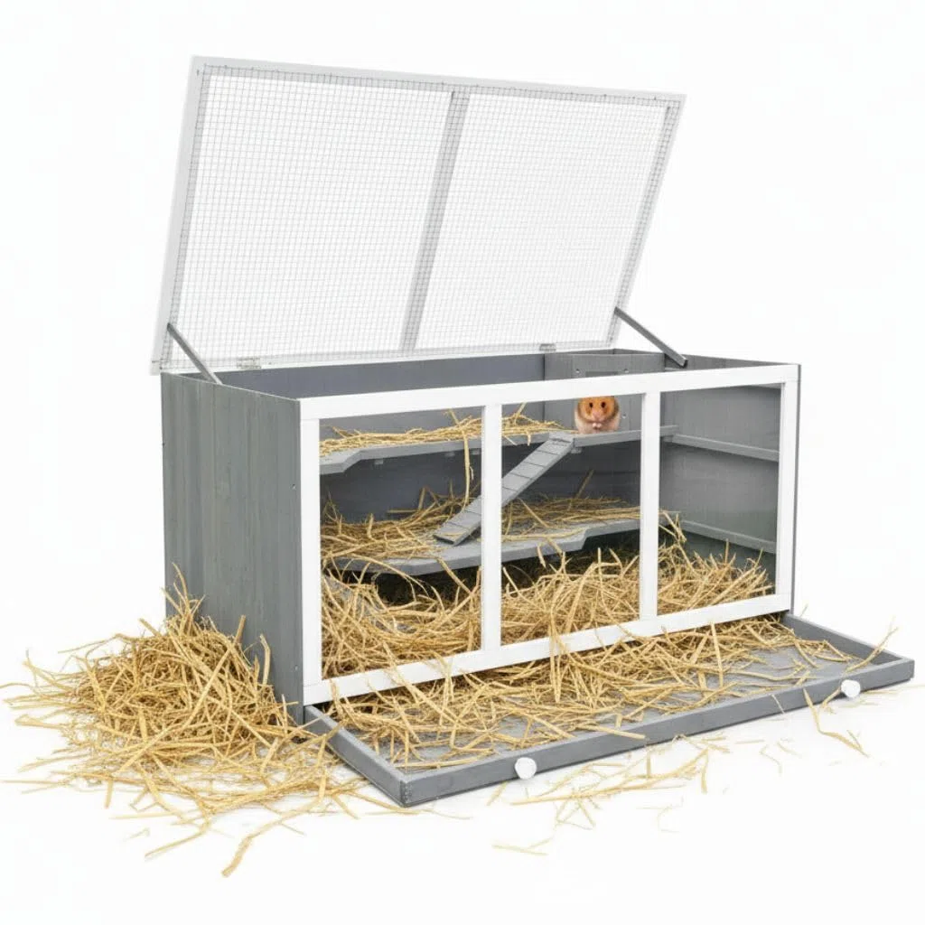Mucola Kleintierkäfig aus Holz mit Plexiglasfront – 3 Etagen Nagerkäfig für Kaninchen, Meerschweinchen, Hamster – mit Häuschen, herausziehbarer Schublade, großer Kleintierstall Indoor