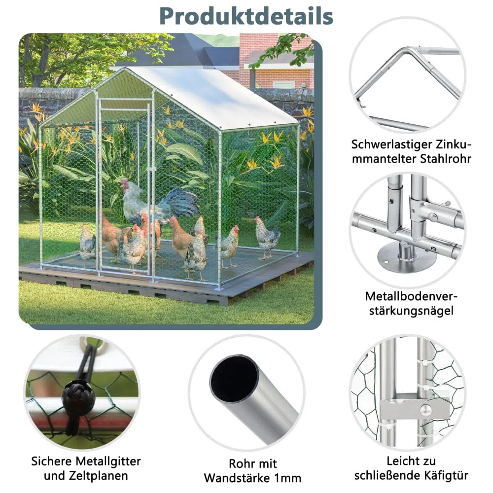 Metall Hühnerstall 2x2x2m Silber Freilaufgehege | Kleintiergehege Voliere Geflügelstall, Verzinkter Stahlrahmen Dachplane Begehbarer Auslauf Draußen Gartengehege Schutzdach