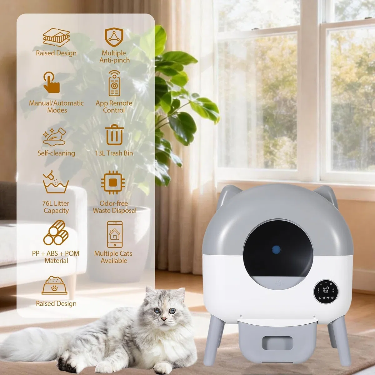 Selbstreinigende Katzentoilette, 76L Katzenklo Selbstreinigend, APP-gesteuert, Sicherheitssensoren, Geruchskontrolle, Automatische Katzentoilette für Mehrere Katzen, LED-Nachtlicht,1 Rolle Müllbeutel