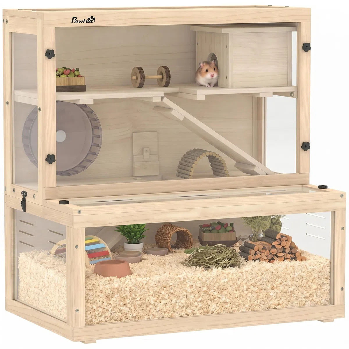 PawHut Hamsterkäfig Holz mit Hütte, Rad, Rampen, 80 x 50 x 84 cm, natur | Großer Rennmaus-Käfig mit 3 Etagen Kleintier-Lebensraum mit abnehmbaren Sichtfeldern