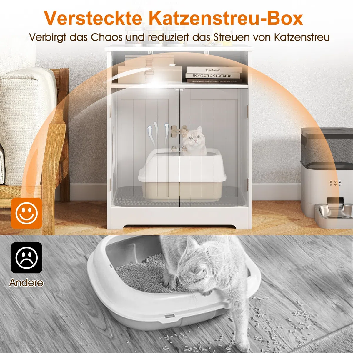 COSTWAY Katzenklo Schrank, Katzenschrank mit Streumatte, 2 abschließbaren Türen, Eingang & Fach, 3 in 1 Katzenhaus Katzentoilette Beistelltisch, Holz, Katzenmöbel für Wohnzimmer, Weiß