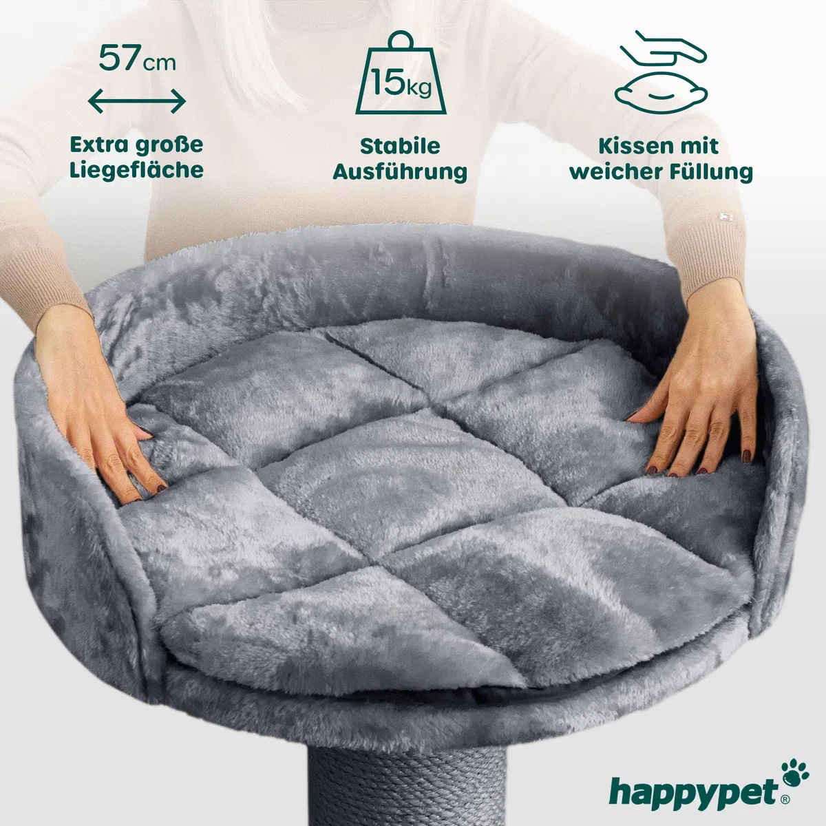 HAPPYPET Premium Kratzbaum Grosse Katzen Stabil 'Freddy' – 150 cm Großer Katzenbaum, Kletterbaum für Maine Coon, Natursisal, 20 cm Dicke Stämme - Grau