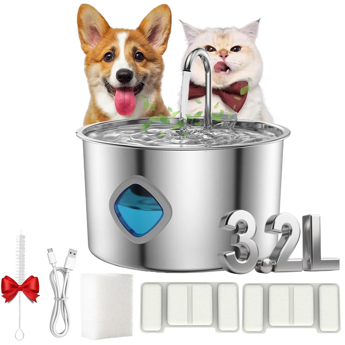 Wasserbrunnen, 3.2L Katzenbrunnen für Kleine Hunde Katze, Edelstahl Hund Wasserbrunnen mit 2 Filtern, Geben Sie Ihrem Haustier ein längeres, gesünderes Leben mit richtiger Hydratation (2Filter, 3.2L)