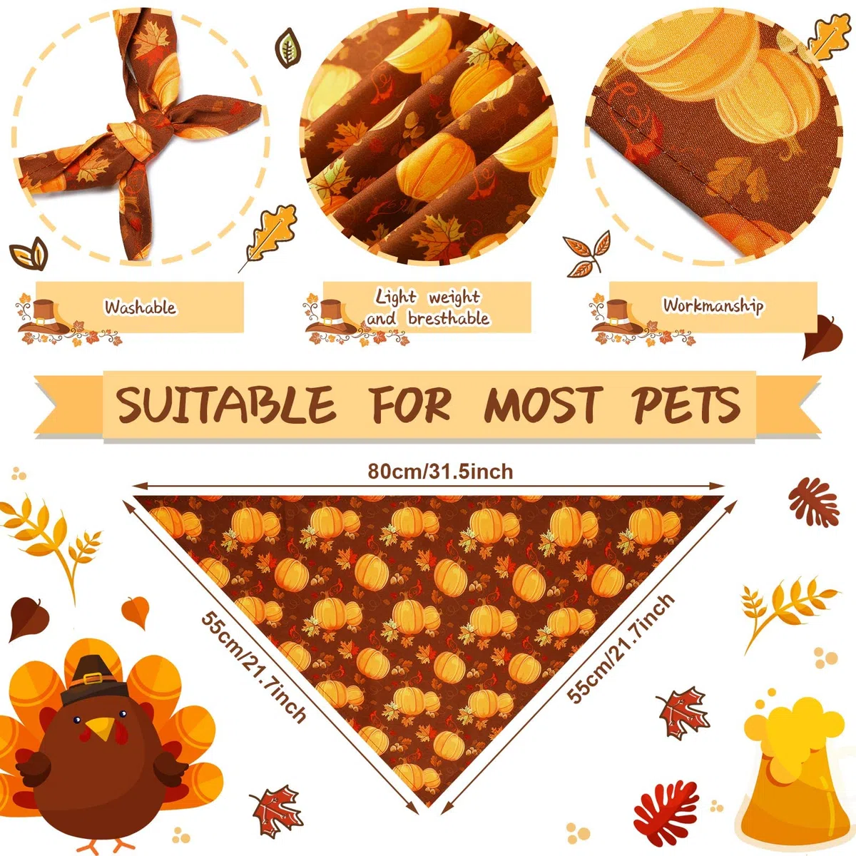 Newwiee 200 Stück Thanksgiving Day Hund Bandana Kürbis und Truthahn Bedruckte Lätzchen Dreieck Hund Taschentuch Verstellbar Haustier Schal Weich Bequem Hund Halstuch für kleine bis große Hunde Welpen