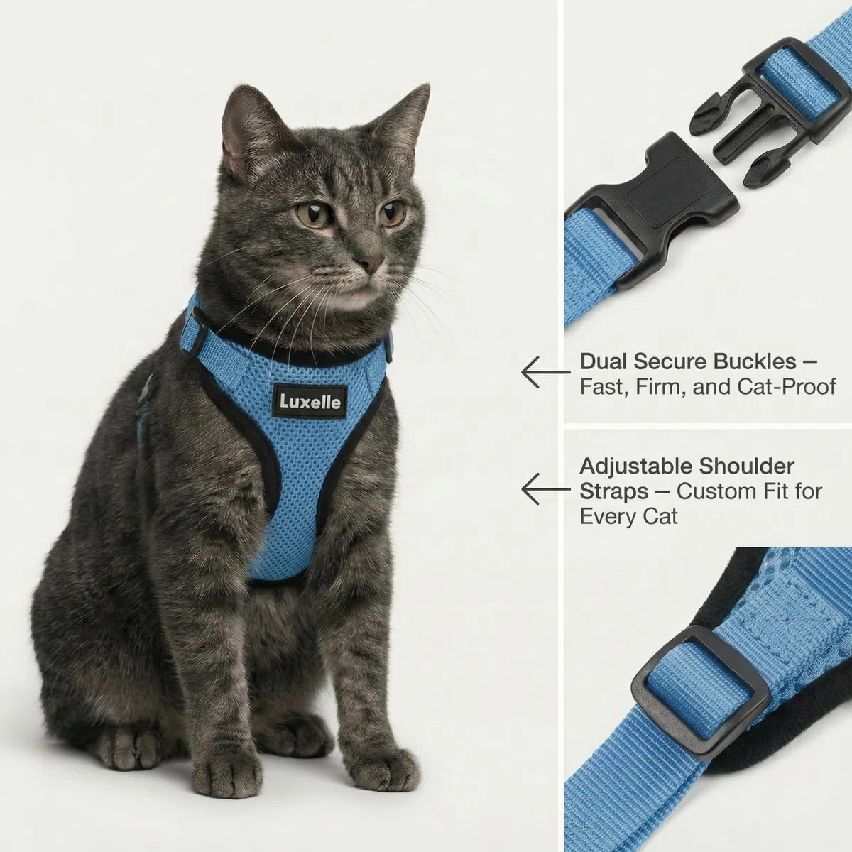 Luxelle Ausbruchsicheres Katzengeschirr und Leine zum Spazierengehen, weich, verstellbar, kein Ziehen, mit einfach zu bedienender Schnalle, reflektierende Riemen, atmungsaktives Netz-Reisegeschirr, 2