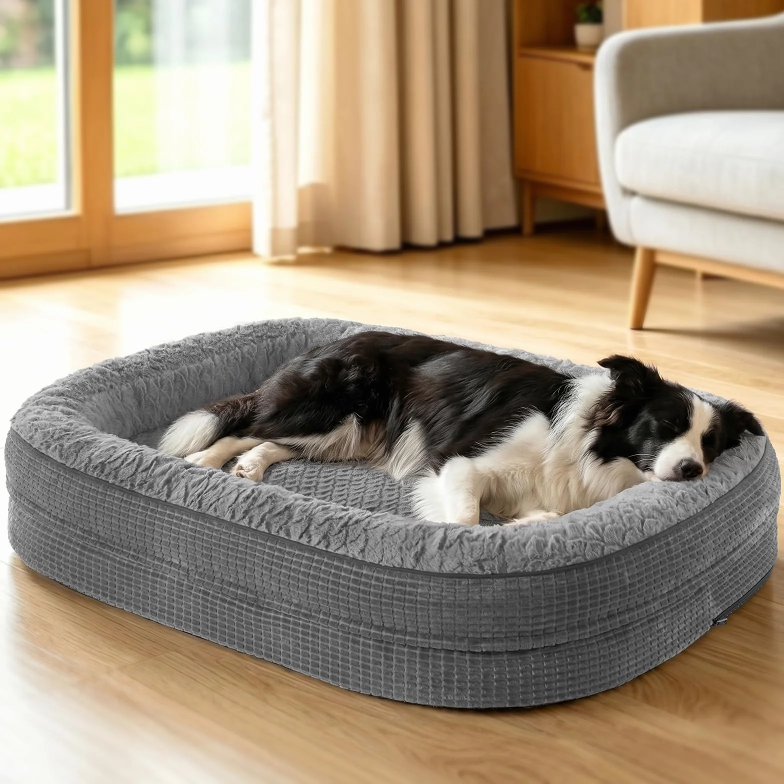 Pawk Orthopädisches Hundebett Mittelgroße Hunde, 89x63cm Vierseitiges Nackenrolle Hundebett Orthopädisch, Memory Foam Hundekorb Wasserdicht rutschfest, Hundebetten Abnehmbar und Waschbar Outdoor, Gris
