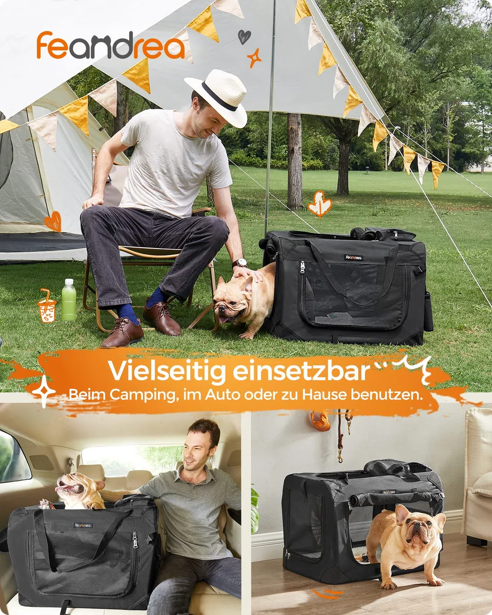 Feandrea Hundebox faltbar, Transportbox Hund, M, Hundetasche, Oxford-Gewebe, Netzstoff, atmungsaktiv tragbar transportabel, Metallrahmen, mit Griffen, Taschen, 60 x 42 x 42 cm, schwarz PDC60H
