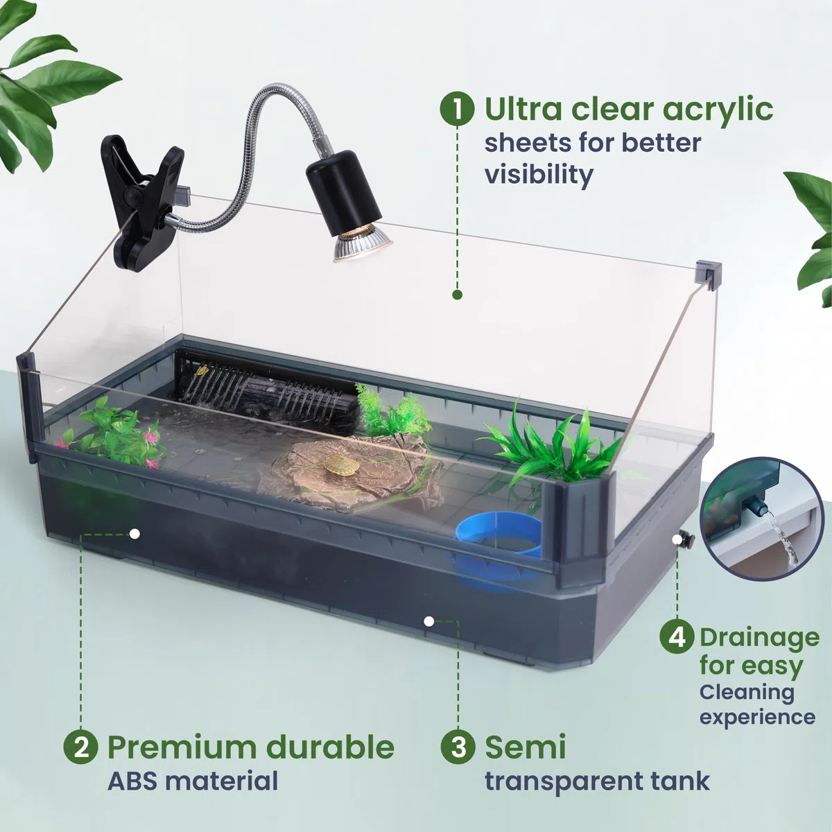 Großes Schildkröten-Tank-Kit für Wasserschildkröten – komplettes Starter-Habitat mit Filter, UVB-Lampe, Sonnenplattform, Pflanzen, Futterring – Schildkröten-Aquarium-Kit (Schwarz)