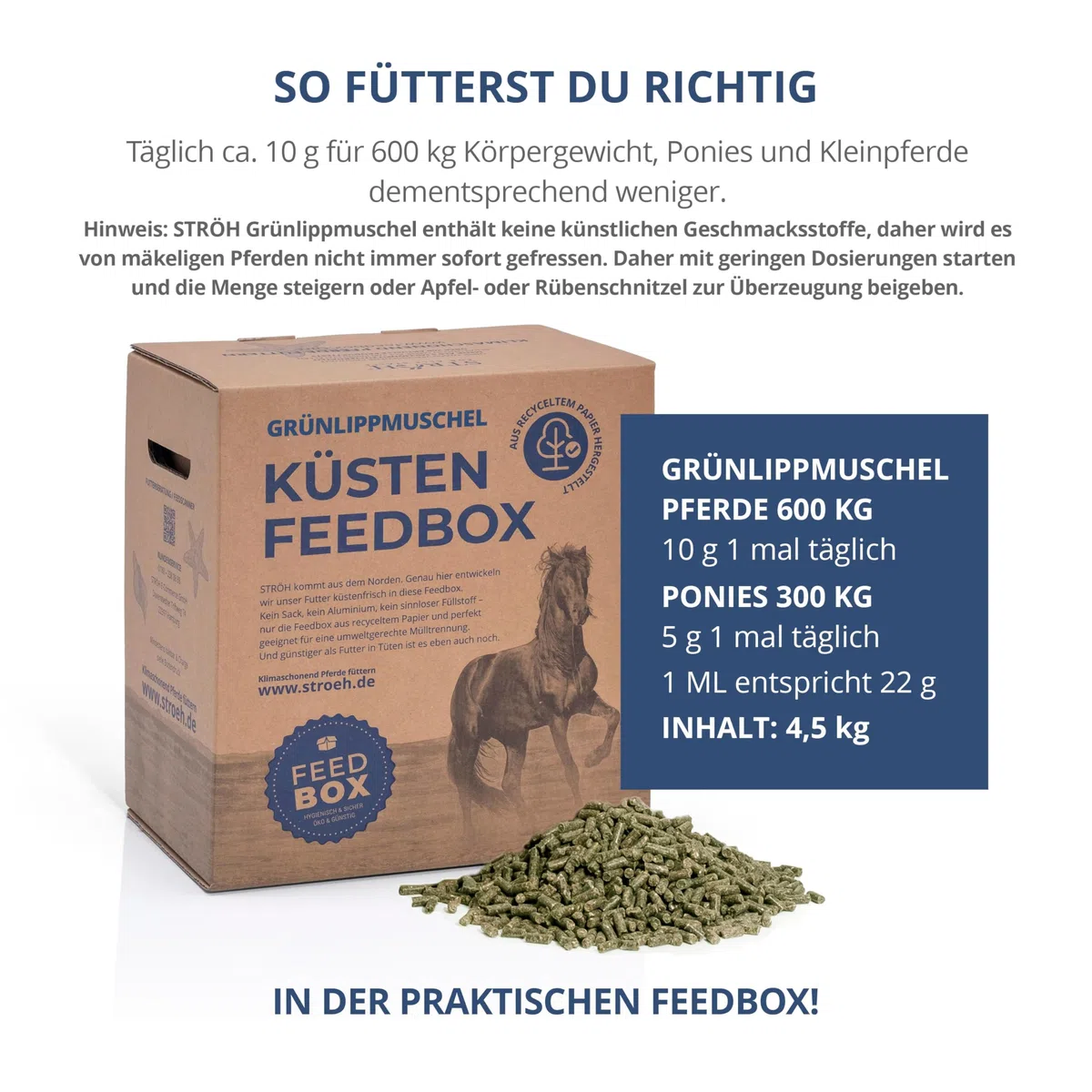 STRÖH Grünlippmuschel Pellets für Pferde - 4,5 kg Feedbox - 100% Natürlich