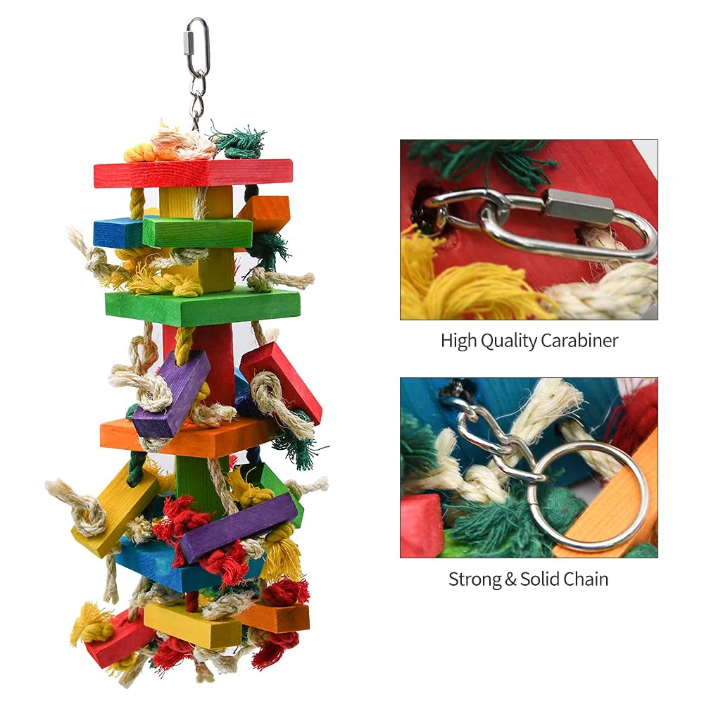 Ruby.Q Großes Papageienspielzeug, 50,8 cm, Mehrfarbig, natürliches Holz, Kauspielzeug für große Aras, Graupapageien und eine Vielzahl von Amazon-Papageien, 3 Stück