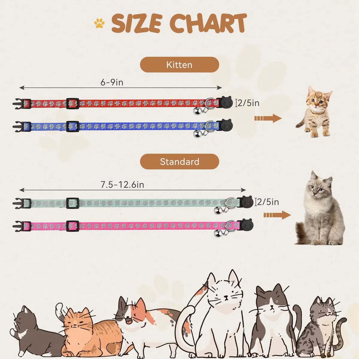 Katzenhalsbänder mit Glöckchen, reflektierend, Sicherheitshalsband, Nylon, Katzenhalsbänder für Mädchen, Jungen, Katzen (19,1 - 32 cm), 16 Stück