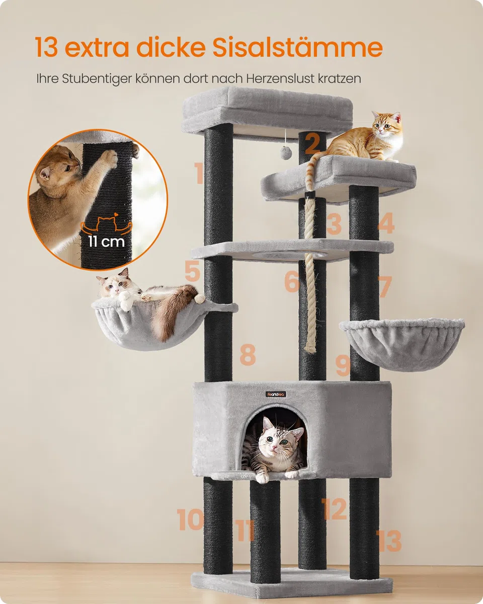 Feandrea Kratzbaum groß, mehrstöckiger Katzenbaum, XXL, 55 x 55 x 186,7 cm, 11 cm d Dicke Sisalstämme, für große Katzen wie Maine-Coon-Katze, Katzenkratzbaum, Taubengrau-tintenschwarz PCT008G02