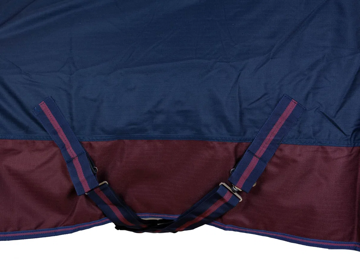 RL24 - Weidedecke High Neck Basicline 600D – Regendecke & Übergangsdecke – wasserdichte Outdoordecke mit Kreuzbegurtung – Pferdedecke in Marine/Kastanie – Größe 145cm (200g/m² Füllung)