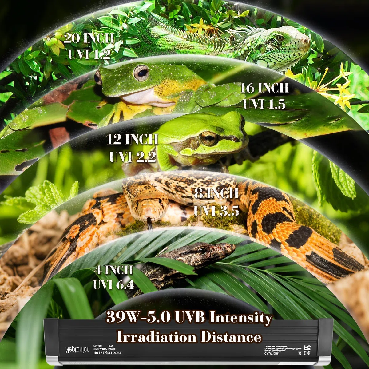 T5 Reptilien-UVB-Leuchte 87,5 cm mit UVB 5.0 Glühbirne, Hochleistungs-Haube für Terrarien, Sonnenreptilien, Eidechsen, Chamäleons, Leguane, Bartagamen, 39 W