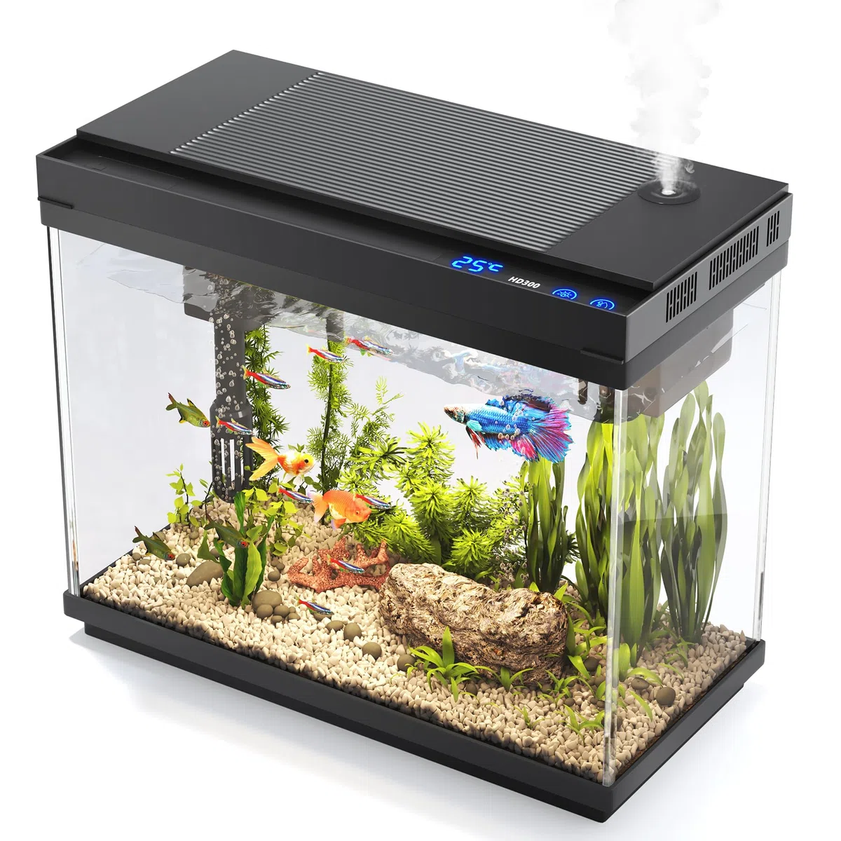 Vehipa Nano Aquarium 9L Klein mit intelligentem Luftbefeuchter, Temperaturanzeige, UHD-Glas, 7-Farben-Beleuchtung, 3-in-1 Leise Pumpe