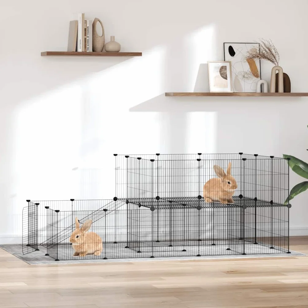 44-teiliges Haustierkäfig Set aus pulverbeschichtetem Stahl 35x35 cm Paneele schwarz, modularer Kleintierkäfig für Kaninchen, Meerschweinchen, Hamster, Nager, Indoor und Outdoor Nutzung