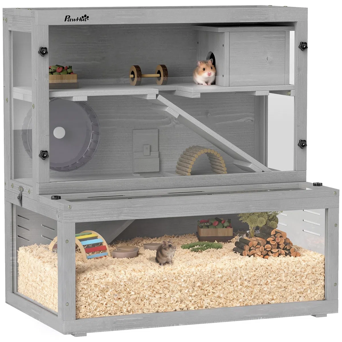 PawHut Hamsterkäfig aus Holz, 3 Ebenen, mit Hütte, Rollen 80 x 50 x 84 cm, Grau | Nagetierkäfig, Rampen, transparente Platte, separate Räume, für Zwerghamster, Rennmäuse