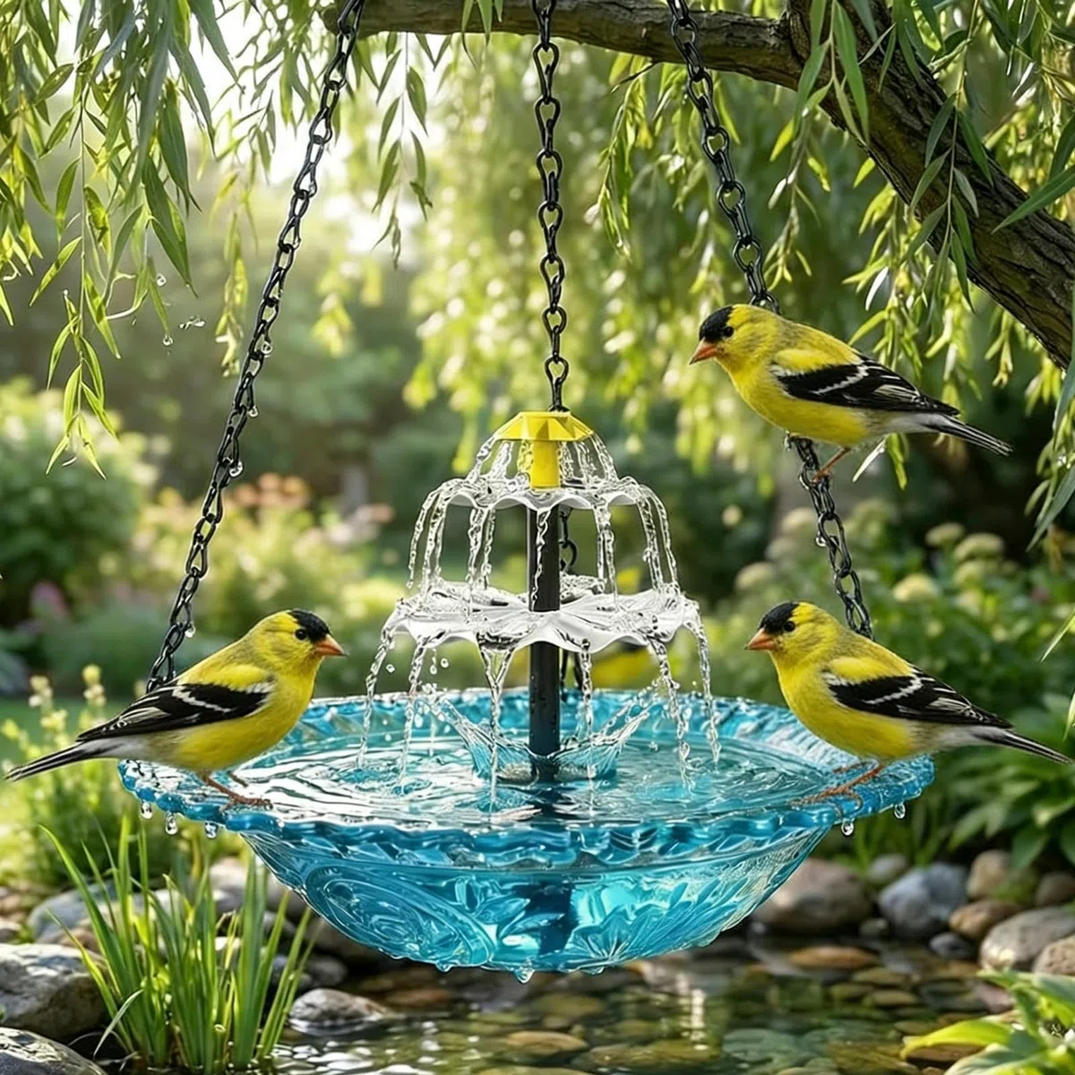 Solar Cascade Hängende Vogeltränke Brunnen Outdoor Hängende Vogeltränke mit Solarbrunnen Glasschale Solarpumpe Dekorative Gartenfunktion Zieht Kolibris an (Blau, A (Einzelstöckiger Brunnen))