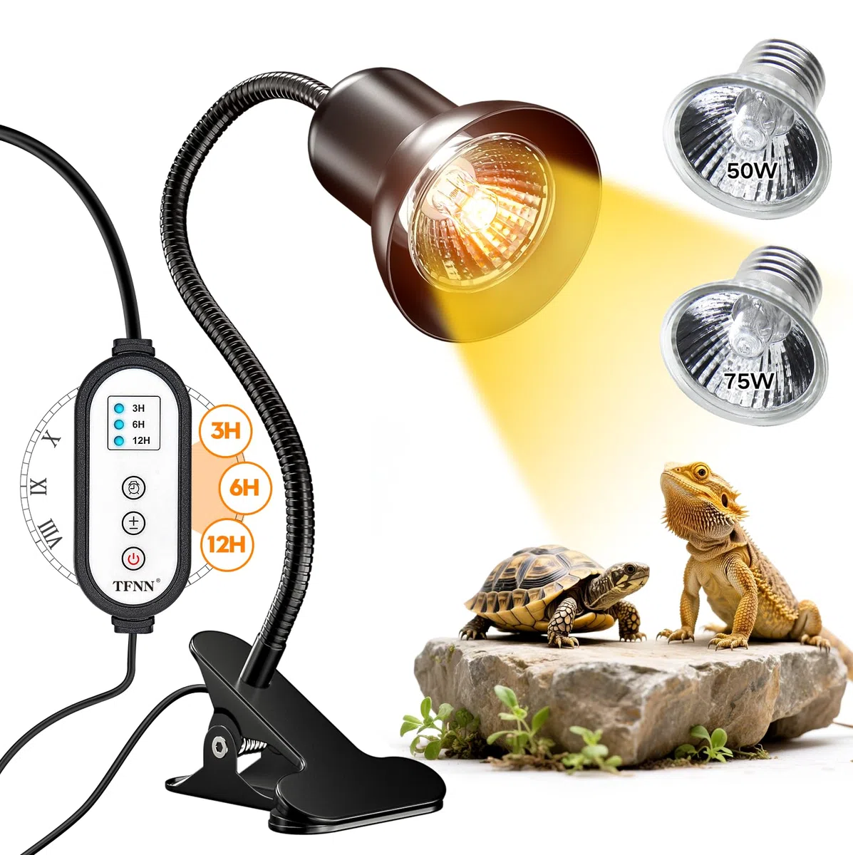 TFNN Reptilien Wärmelampe mit Klemmen, UVA UVB Reptilienlicht mit intelligentem Zyklus-Timer für Schildkröte, Bartdrachen, Eidechse und mehr, 2 Lampen 50 W + 75 W