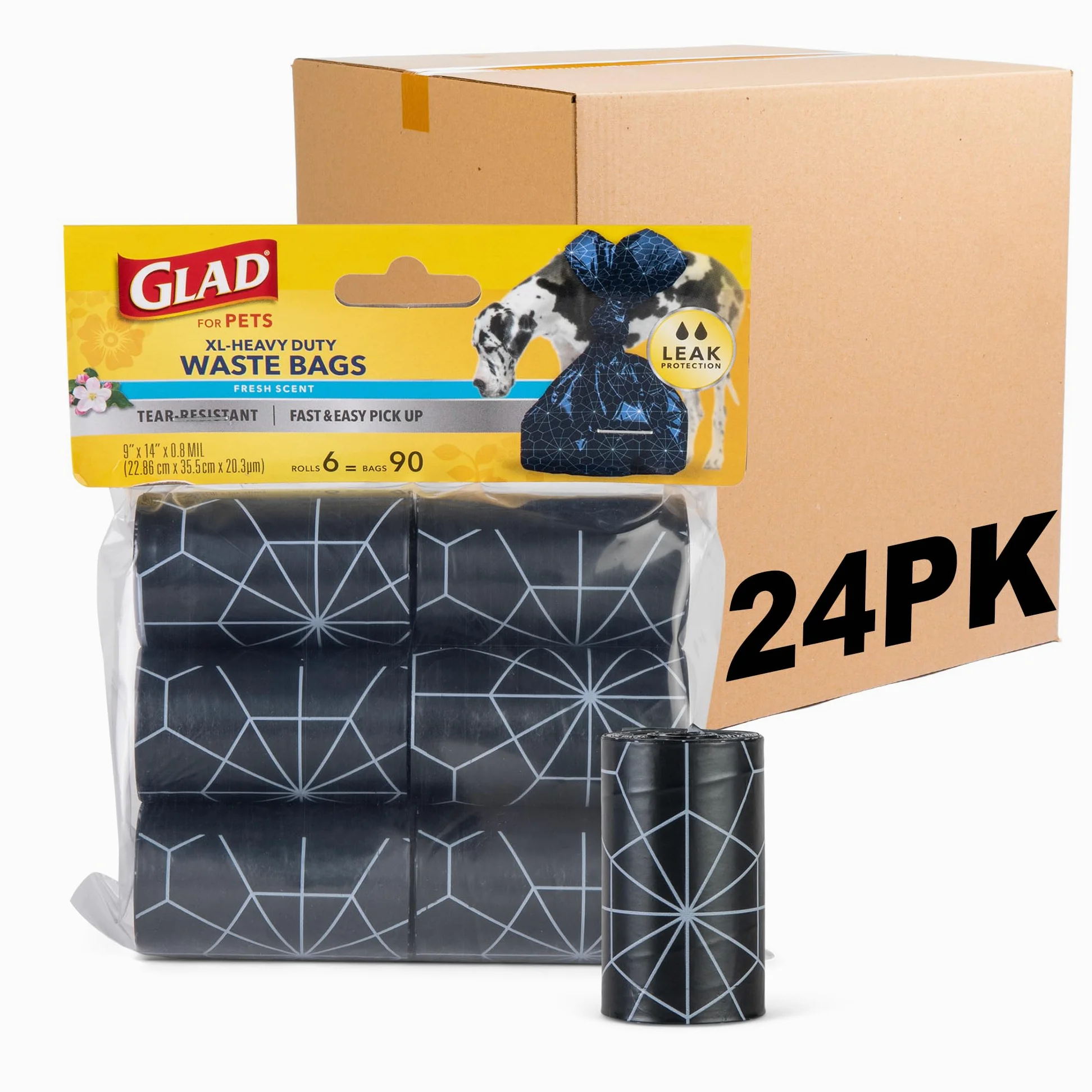 Glad for Pets Hundekotbeutel, extra groß, robust, reißfest, mit frischem Duft, Griffe zum Spazierengehen, Camping, Reisen, 90 Stück, 24 Stück