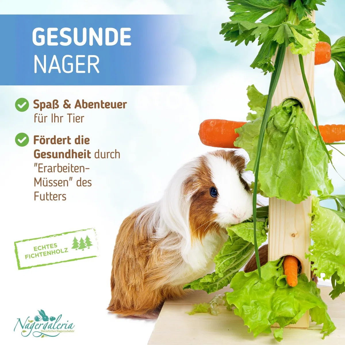 Futterbaum Kaninchen Meerschweinchen mit Bodenplatte aus Holz und Erdspieß fürs Freigehege Hasen | Heuraufe Kaninchen
