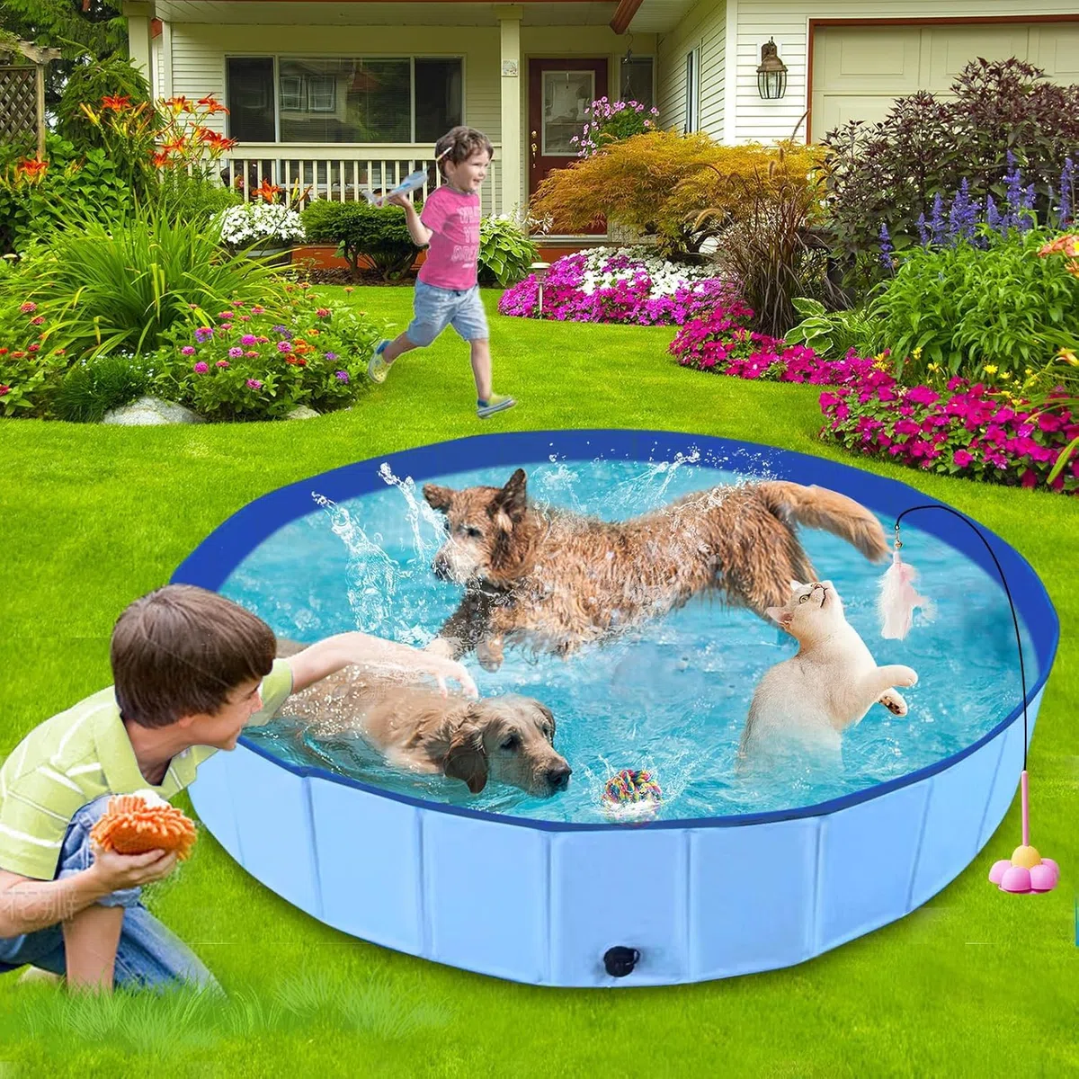 Hundepool, 160cm*30cm, Zusammenklappbarer Robuster Wasserdichter Schwimmpool für Kleine, Mittelgroße & Große- Anti-Rutsch Badewanne mit Verschleißfester Oberfläche für Katzen und Hunde im Garten