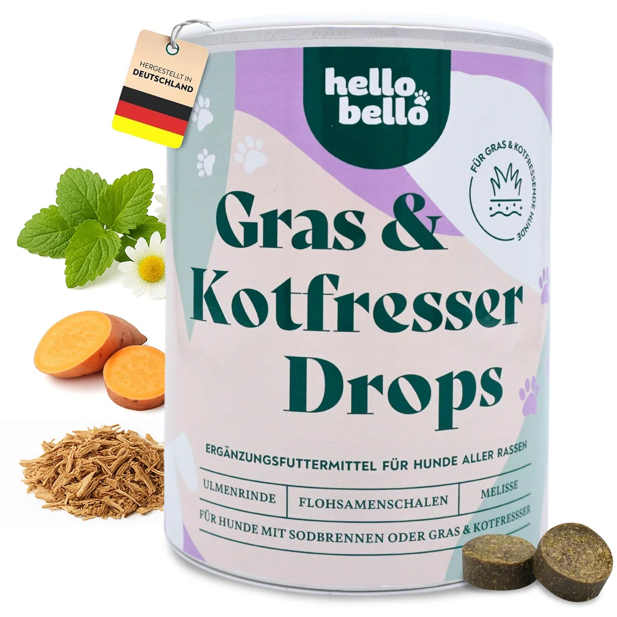 HELLOBELLO kaltgepresste Gras- & Kotfresser Drops für Hunde 1x350g Soft mit Ulmenrinde - getreidefrei, Flohsamenschalen, Melisse, Kamille und Pflanzenkohle - gegen Sodbrennen und Grasfressen
