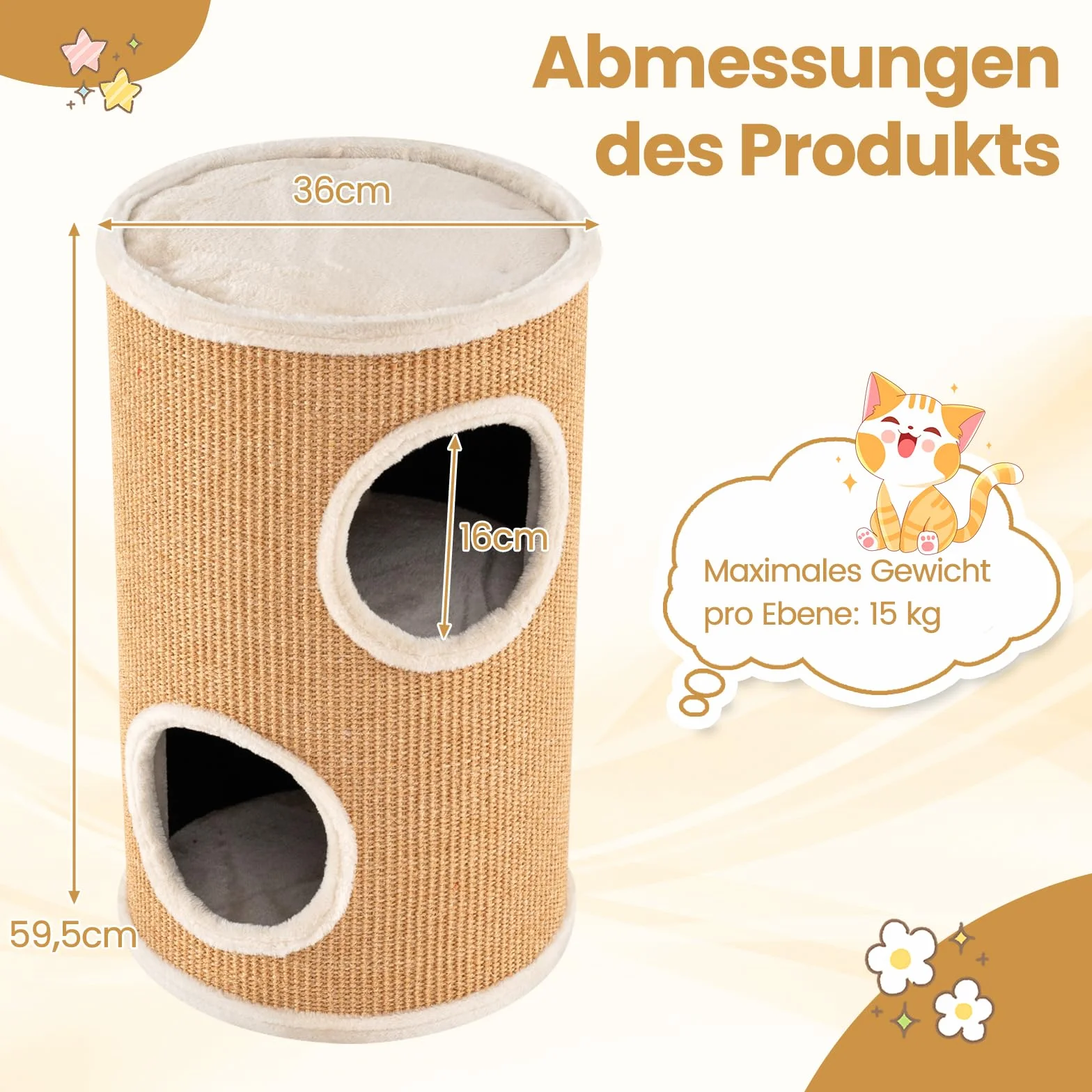 GOPLUS Kratztonne 3 Ebenen, 60 cm Katzentonne mit 3 Höhlen, Plüschbett, Liegefläche & Sisal-Kratzbrett, Kratzbaum für kleine & mittelgroße Katzen, Katzenkratzbaum, Ø 36 cm (60 cm,Hellbraun)
