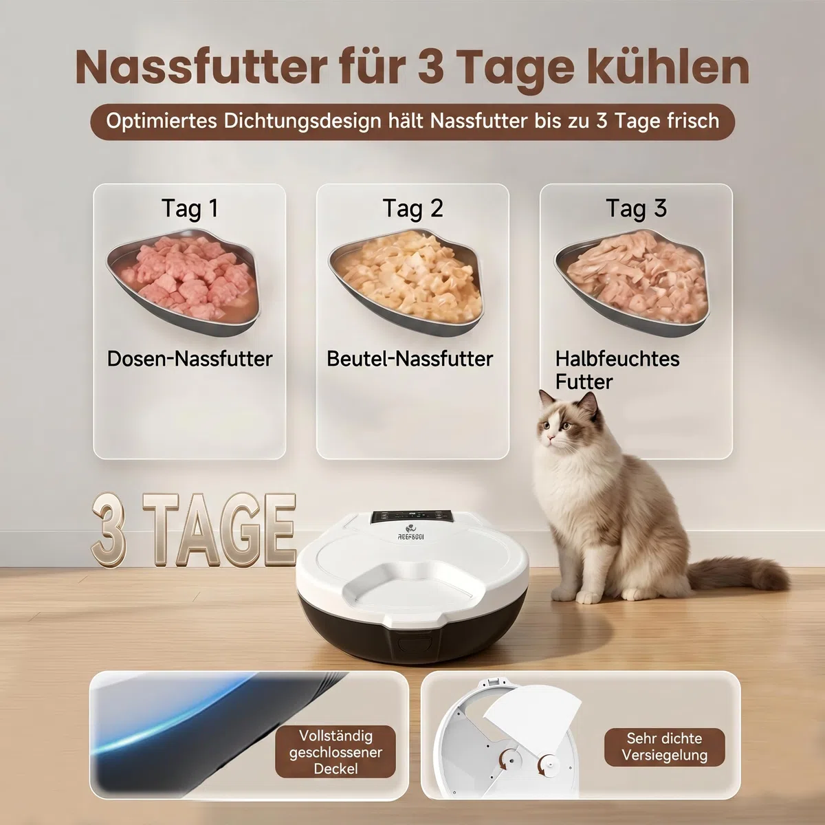 Futterautomat Katze Nassfutter mit Halbleiter-Kühlung & Heizung, 3 Tage Frisch Nassfutterautomat für Katzen, Programmierbarer Futterautomat für 5 Mahlzeiten, 304 Edelstahlschalen Leicht zu Reinigen