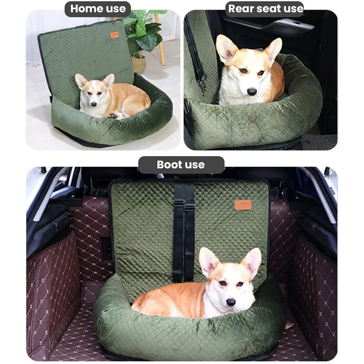 Hundesitz Auto Rückbank, Hunde Autositz, Waschbarer Sitzerhöhung Für Kleine Und Mittelgroße Haustiere, Haustier Reisebett rutschfeste Hundedecke Mit Sicherheitsgurt,Grün