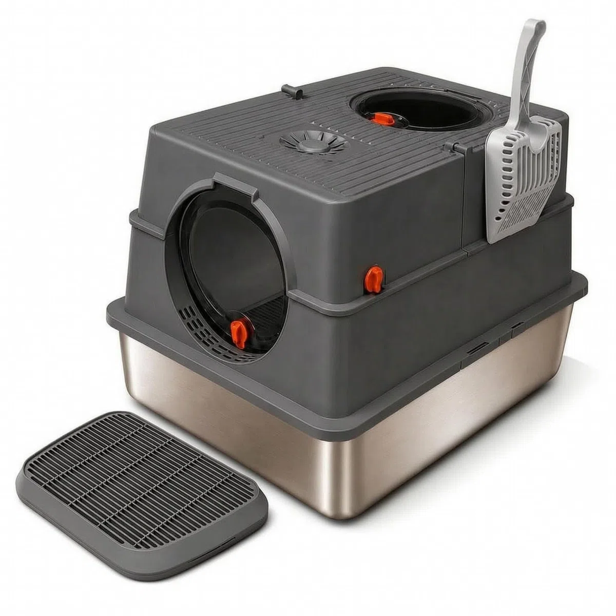 Gralara Haubentoilette mit Edelstahlschale Katzentoilette mit Edelstahlschale XXL Katzentoilette Haube für Katzen, Katzenbesitzer, Wohnung, Haushalt, Dunkelgrau, XXXL-mit Streumatte