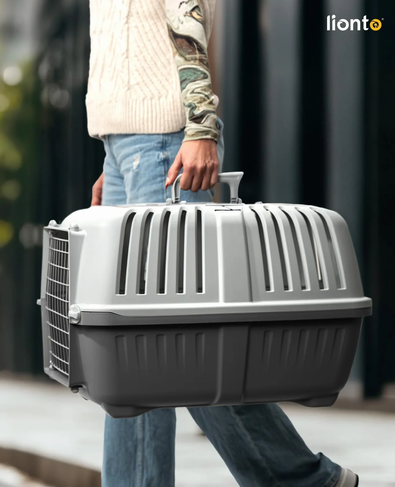 lionto Hundetransportbox aus Kunststoff mit Metallgitter, 58,5x35,5x40 cm, Transportbox mit praktischem Schließsystem & Tragegriff, auch geeignet für Katzen & Kleintiere, für Haustiere bis 15kg, grau